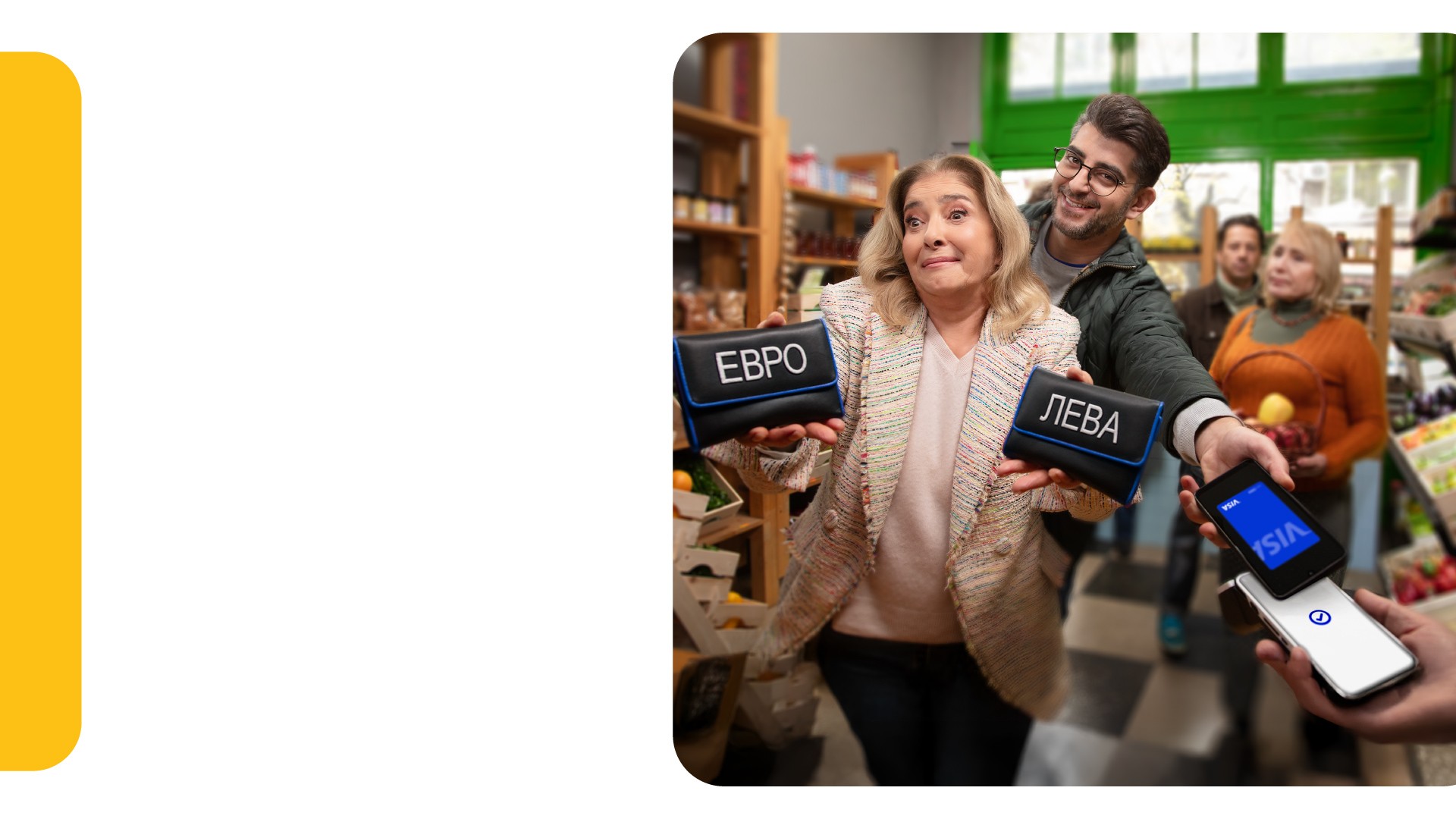 woman holding wallets and man paying with mobile