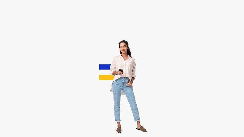 woman holding phone in front of visa flag